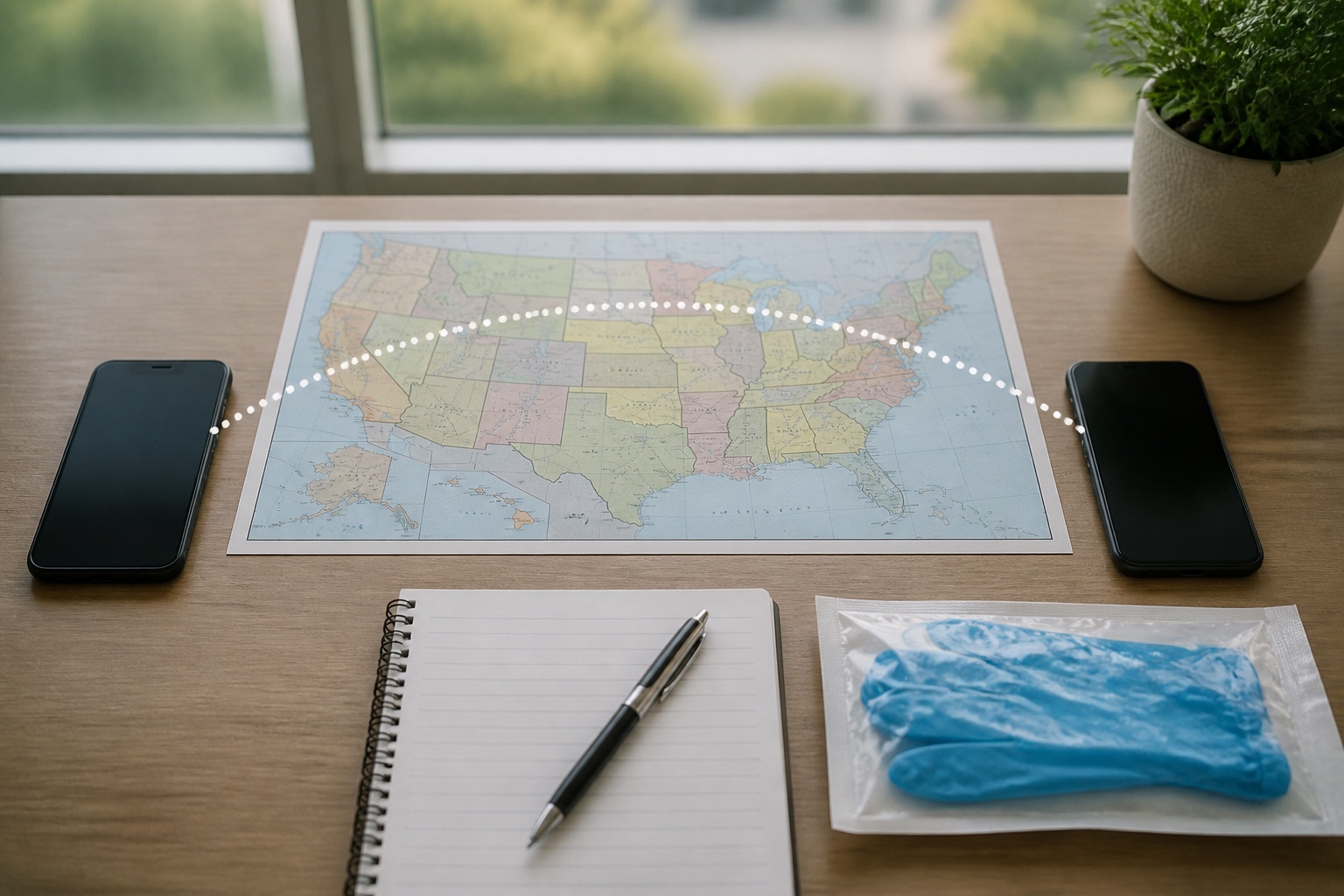 Two unbranded phones separated by a United States map, blank notes, pen, and sealed gloves
