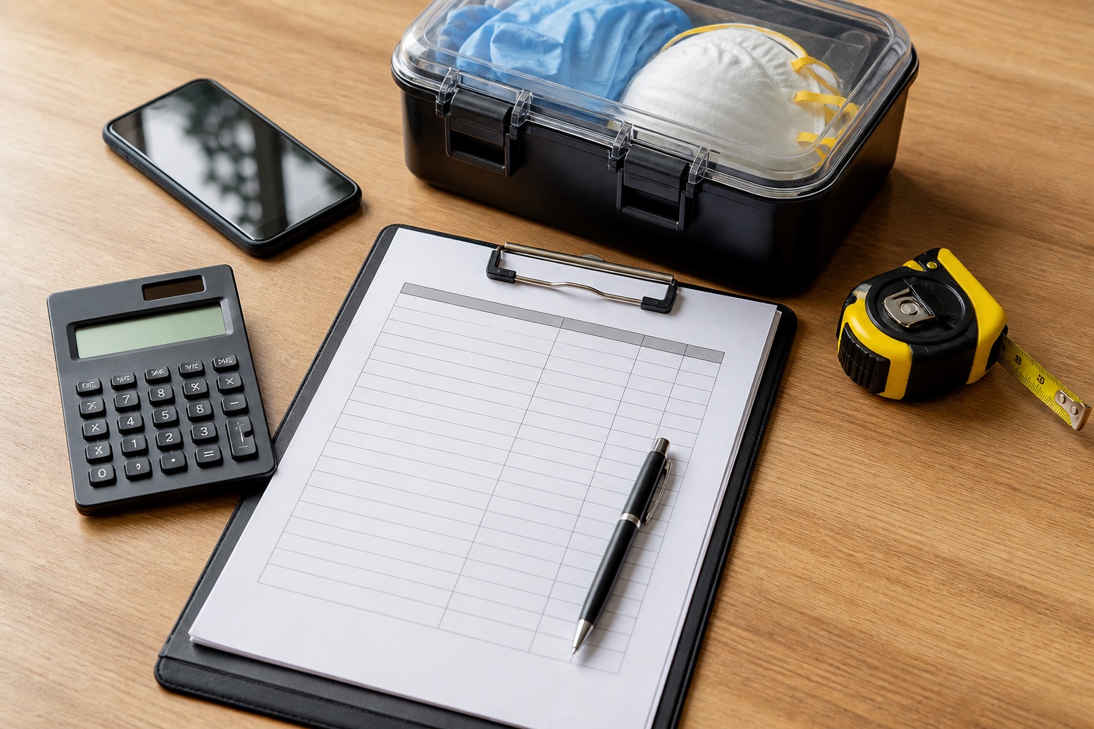 Calculator, blank itemized estimate, measuring tape, phone, and protective supply case on a desk