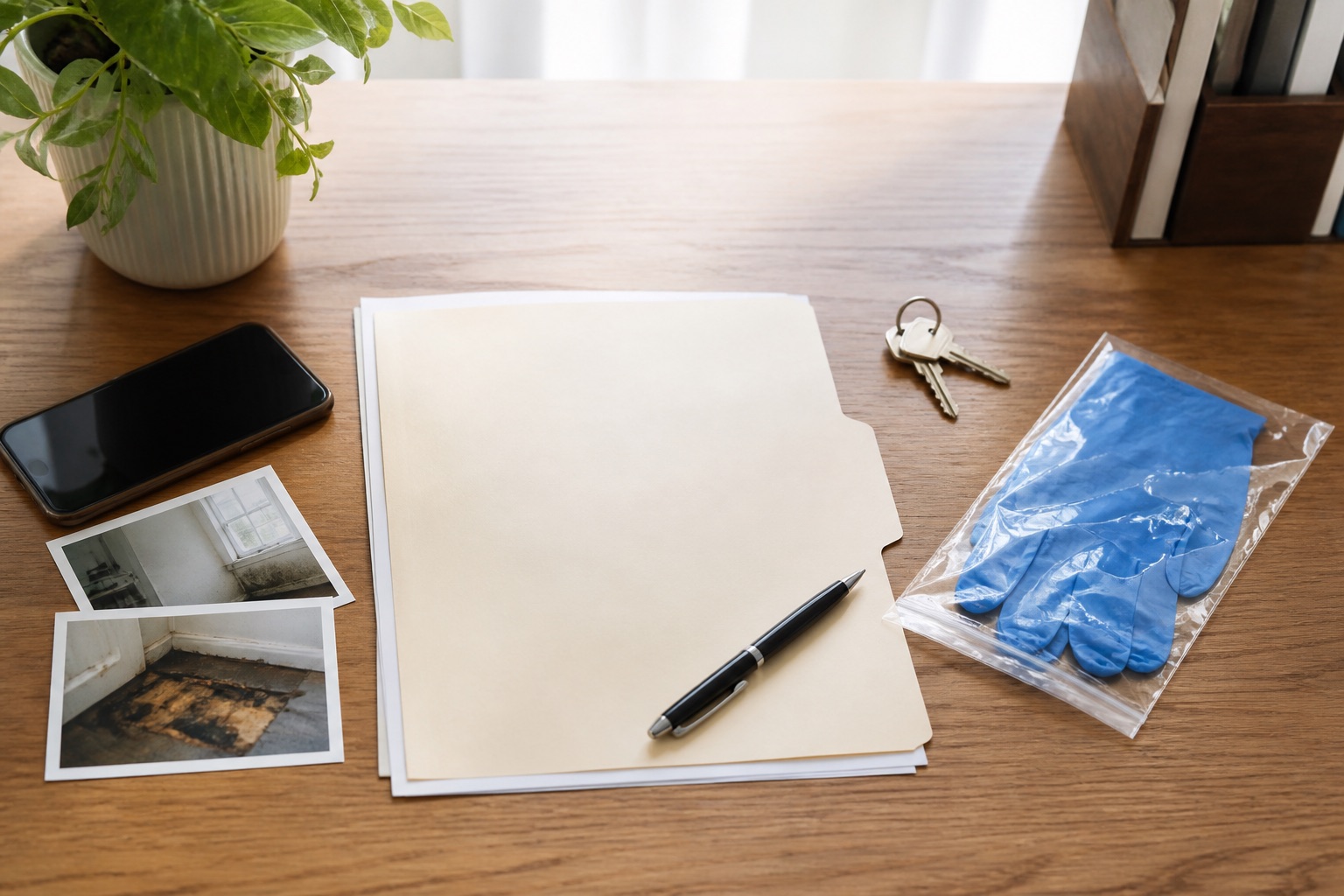 Blank claim folder, property keys, phone, documentation photos, pen, and sealed gloves on a desk