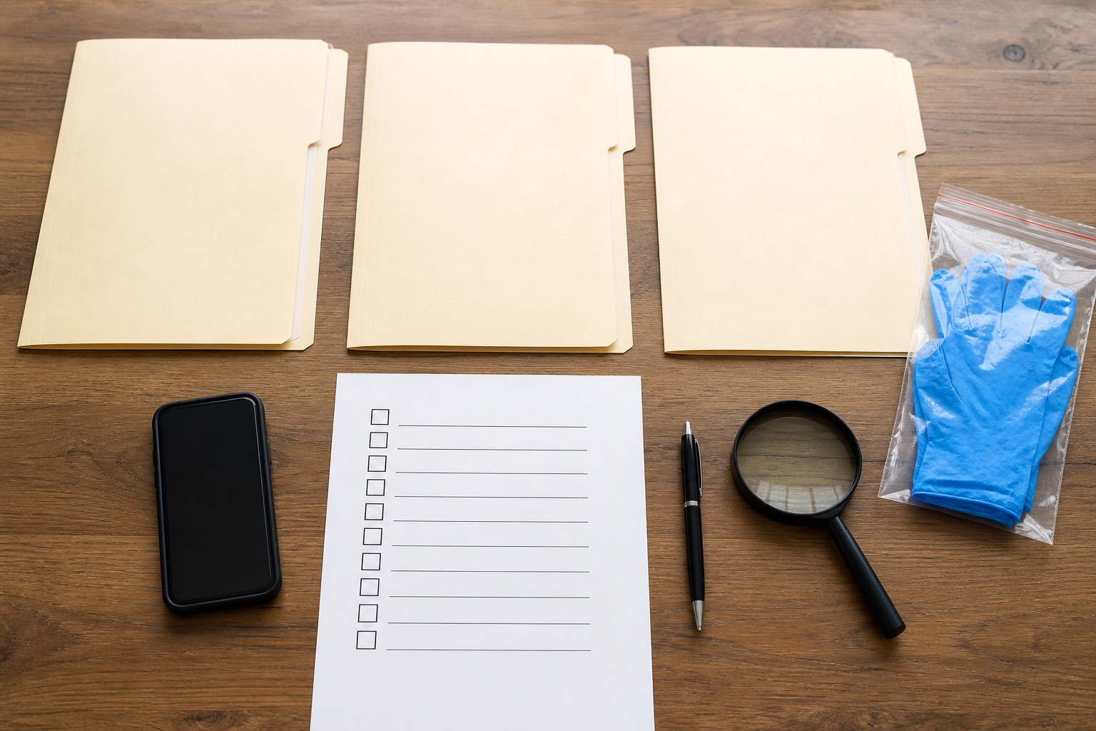 Three blank contractor folders, comparison checklist, magnifying glass, phone, and sealed gloves