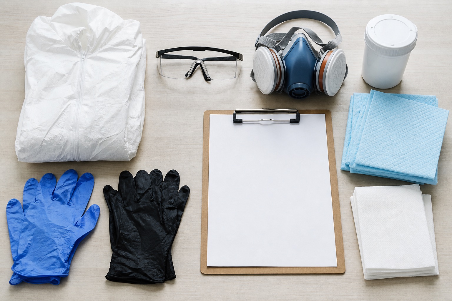 Organized coveralls, respirator, eye protection, gloves, absorbent pads, and blank process checklist
