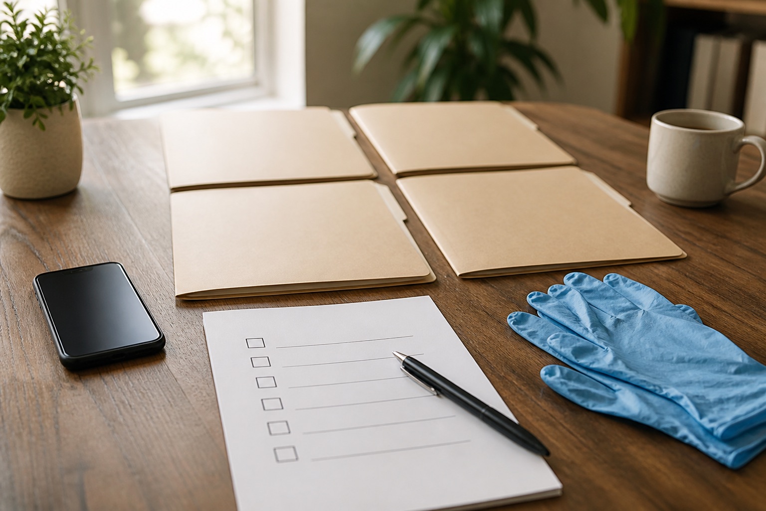 Four blank information folders, phone, checklist, pen, and protective gloves on a home desk
