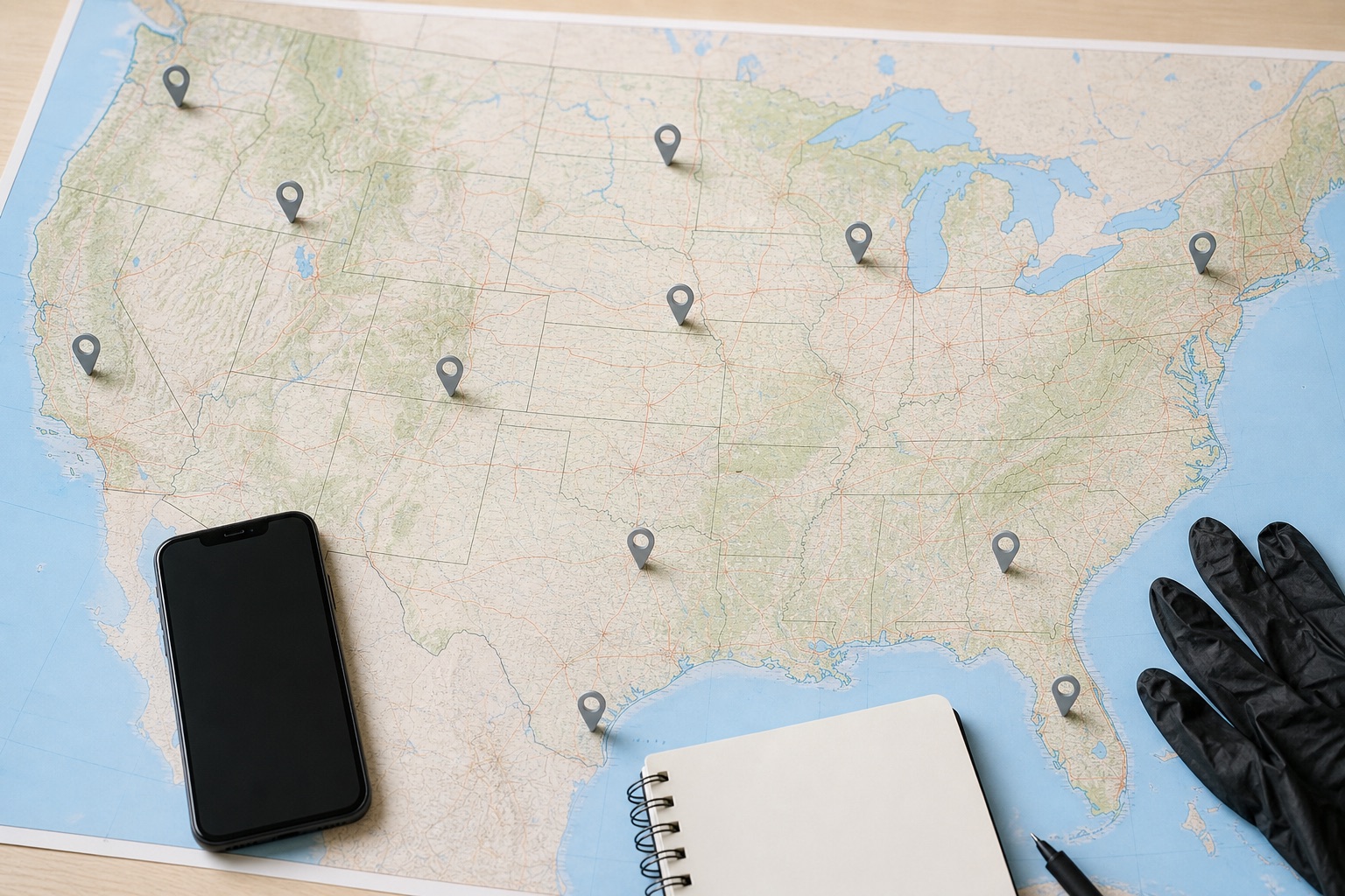 Continental United States map with neutral location markers, unbranded phone, notebook, and gloves