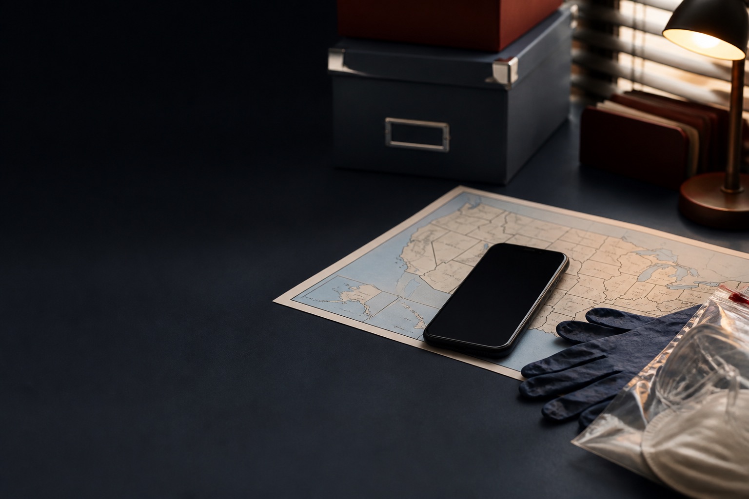 Unbranded phone, United States map, gloves, and protective supplies on a dispatch desk
