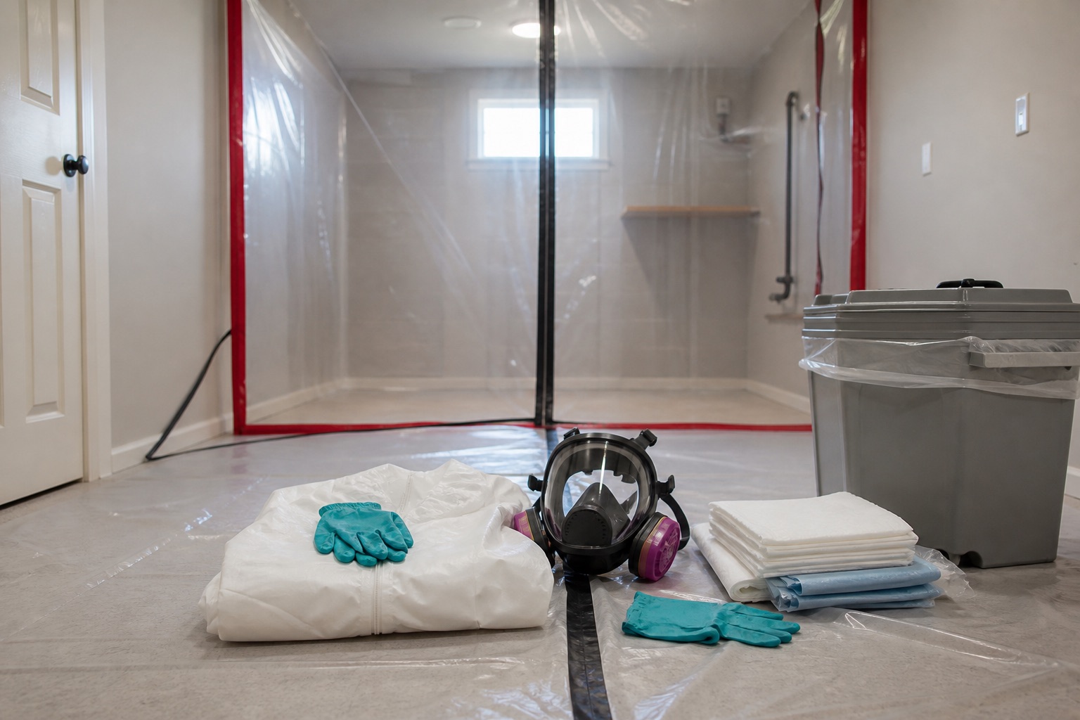 Protective coveralls, respirator, gloves, absorbent pads, and containment sheeting prepared for biohazard cleanup