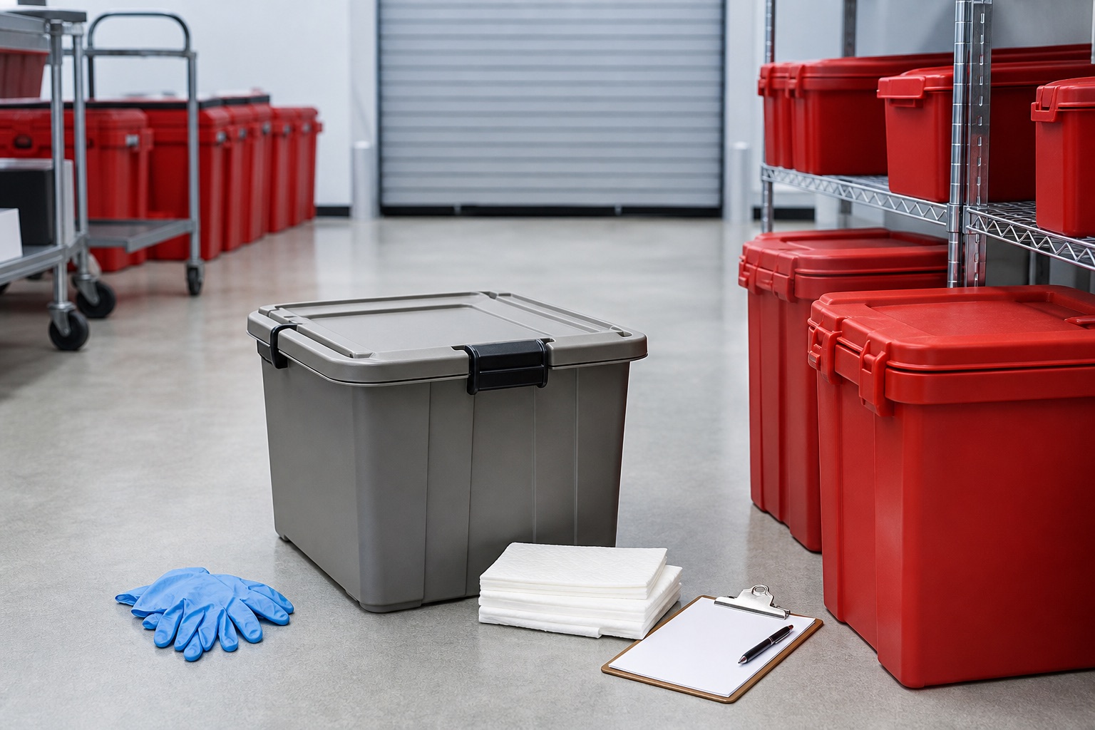 Closed rigid containers, sealed transport tote, gloves, absorbent material, and blank manifest clipboard
