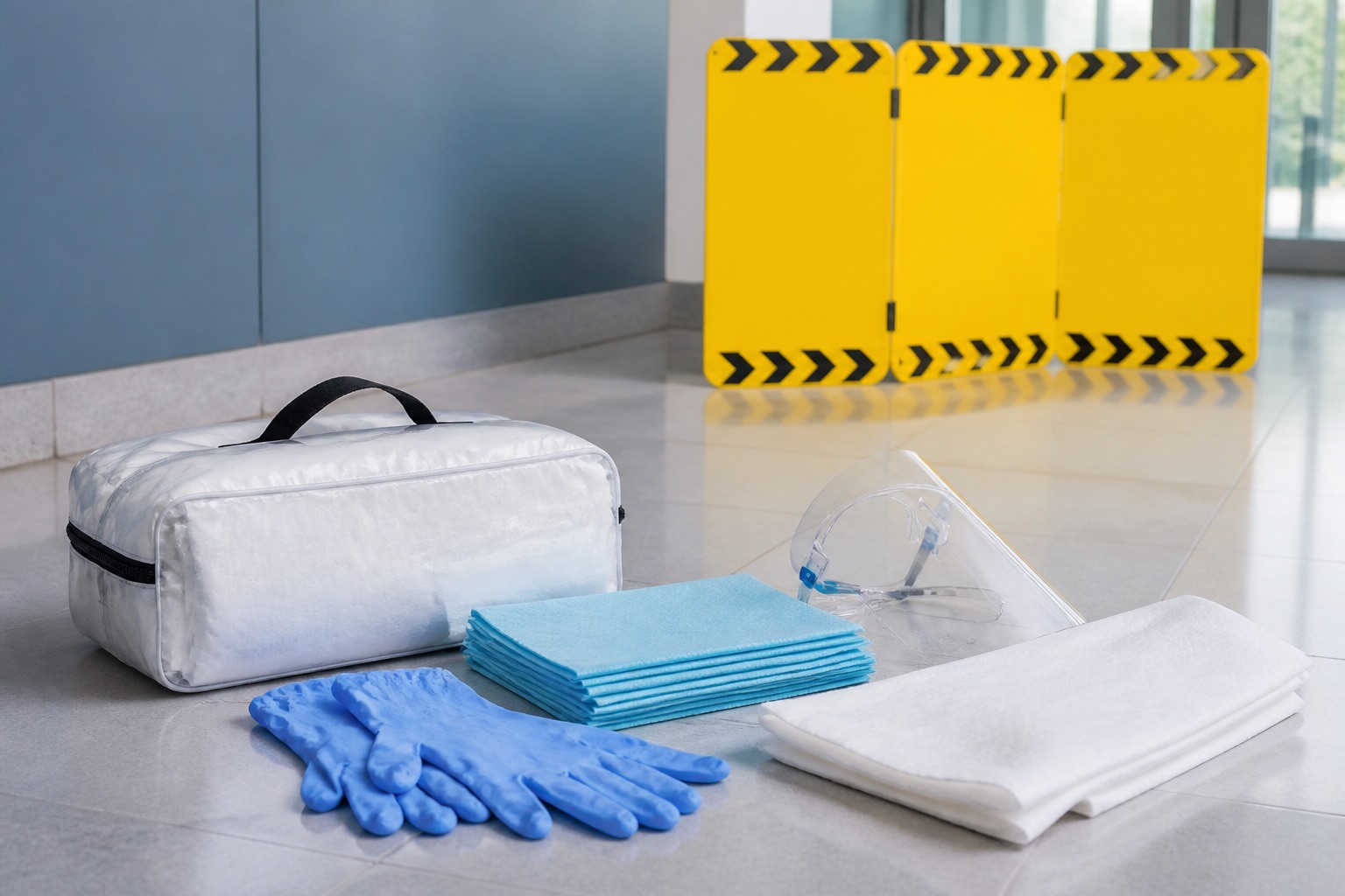 Gloves, face shield, absorbent materials, and a closed barrier prepared for bodily fluid cleanup