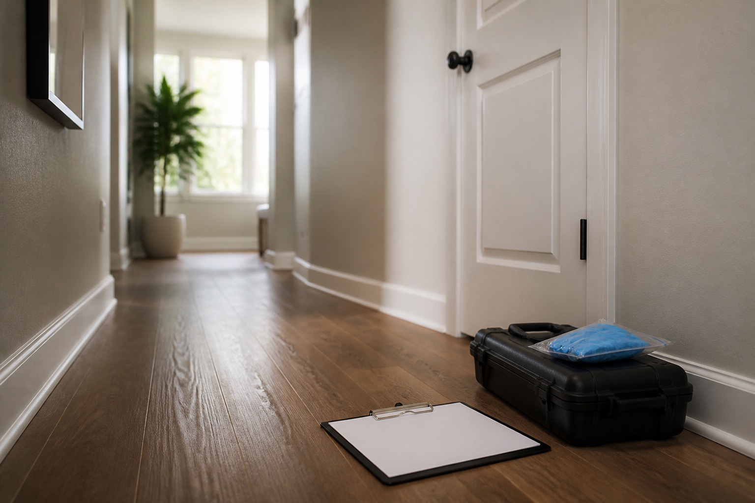 Closed residential doorway with a blank assessment clipboard and sealed protective equipment case