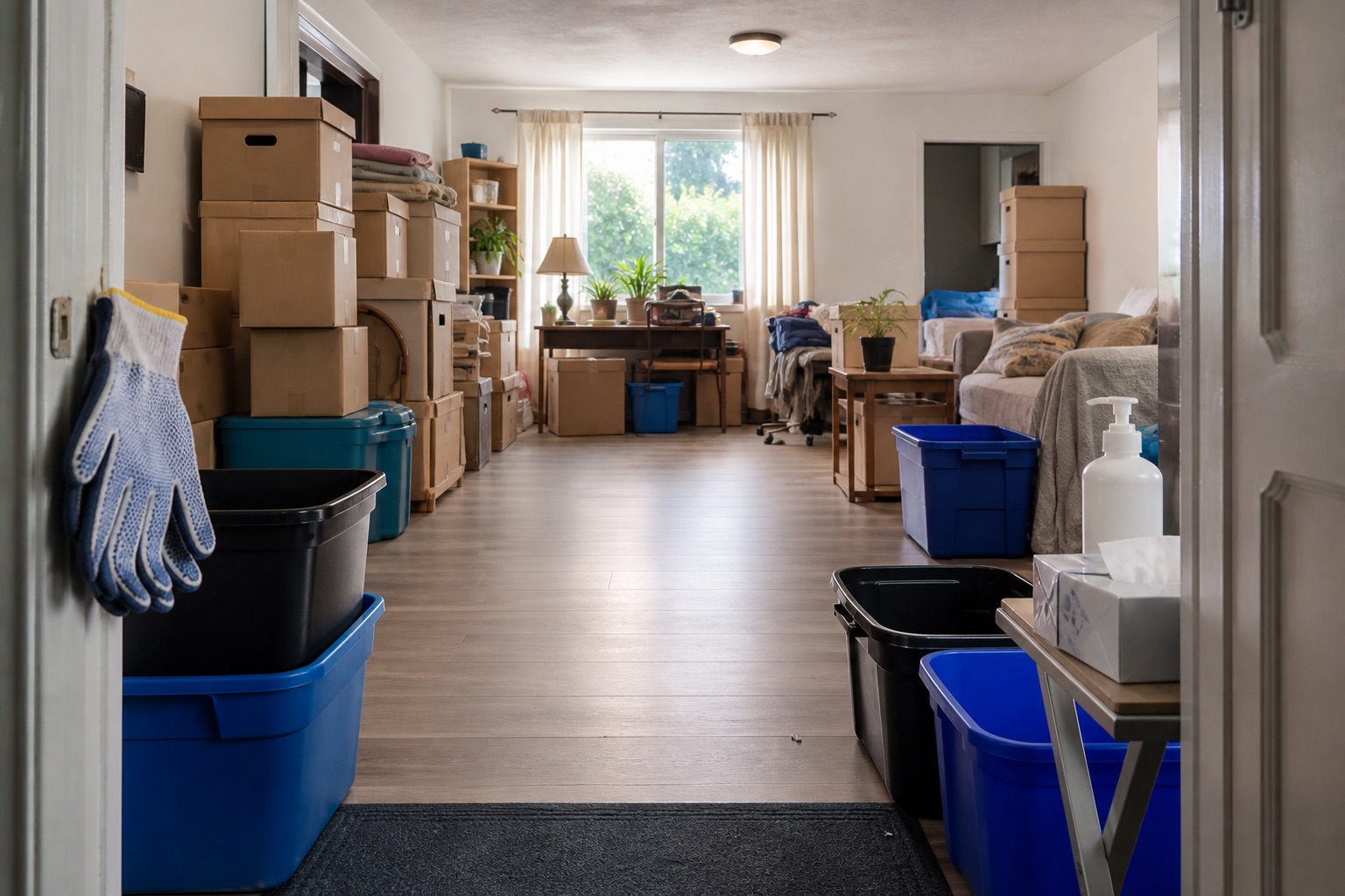 Organized boxes, household belongings, sorting bins, and a clear walkway in a residential room