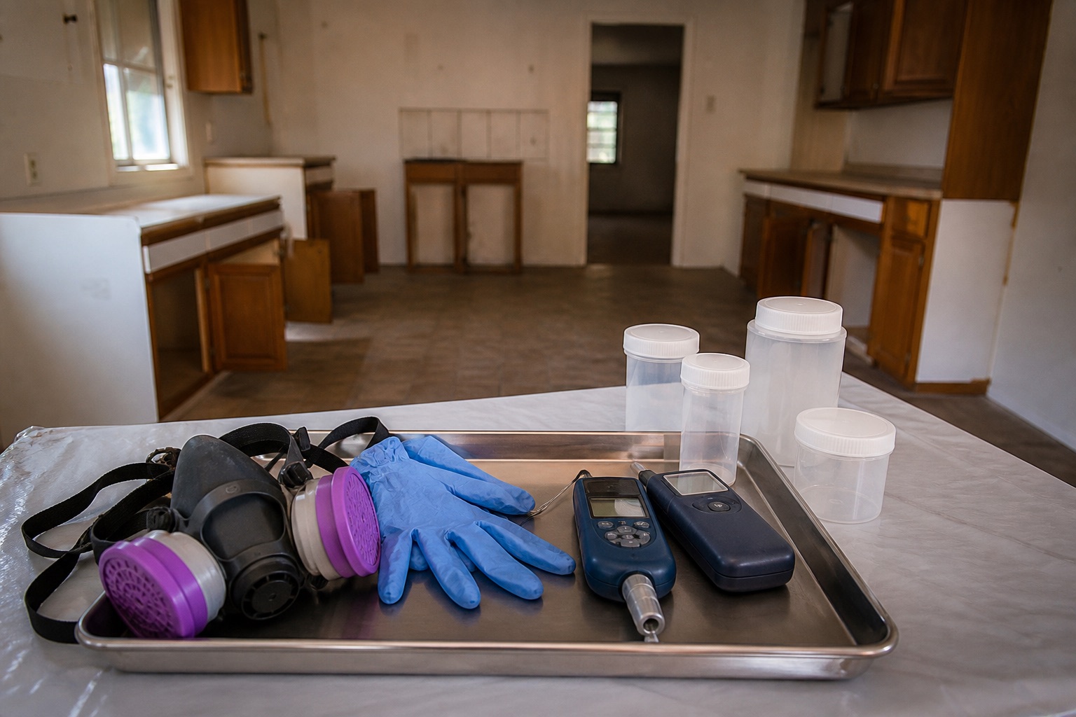 Respirator, gloves, sampling containers, and testing instruments in a cleared vacant kitchen
