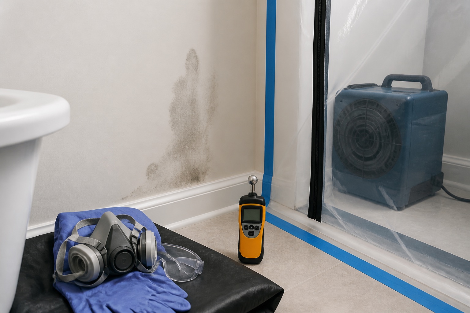 Moisture meter, respirator, gloves, containment, and air scrubber beside a small damp wall area