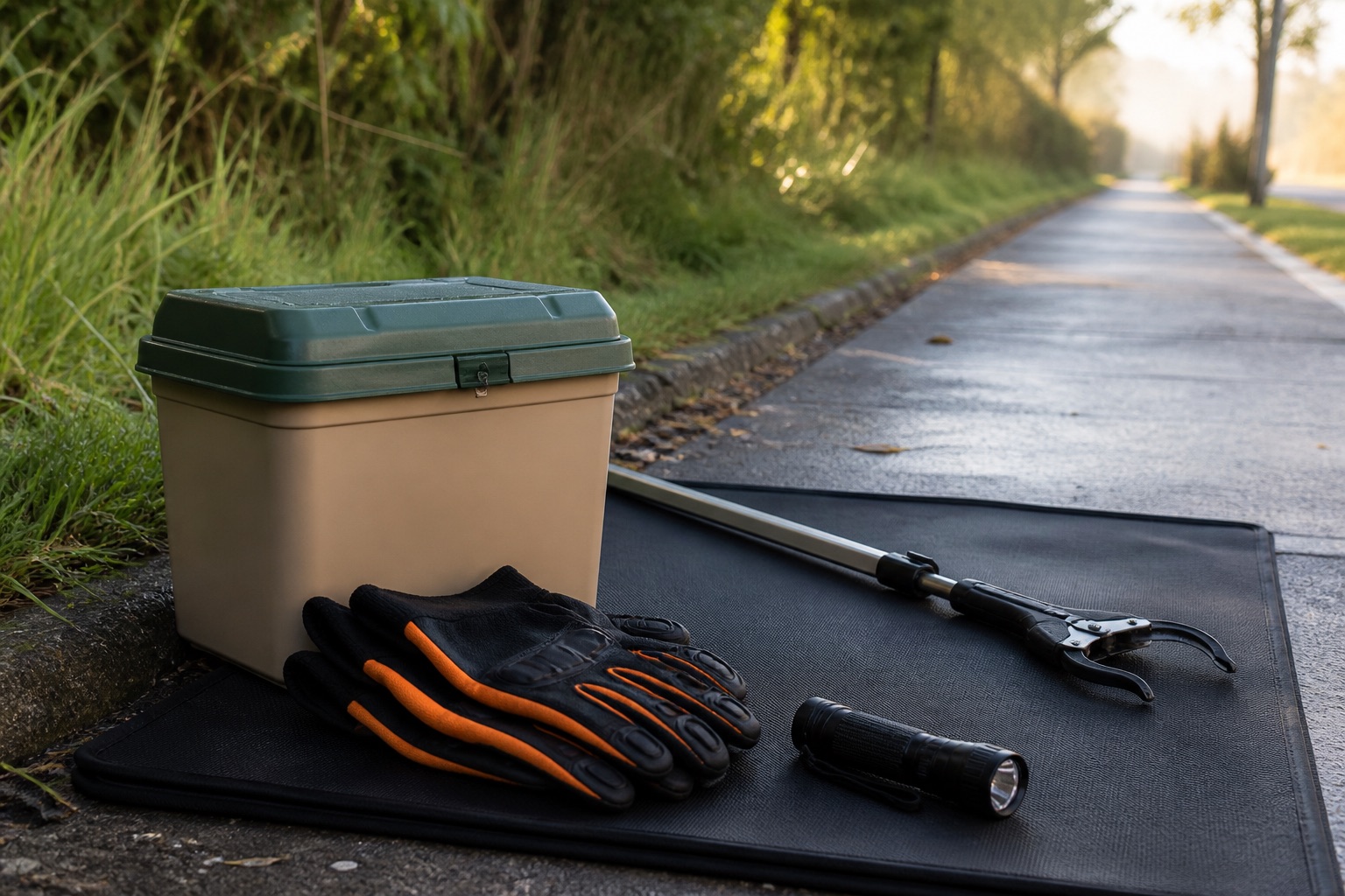 Long-handled pickup tool, closed sharps container, gloves, and flashlight beside a walkway