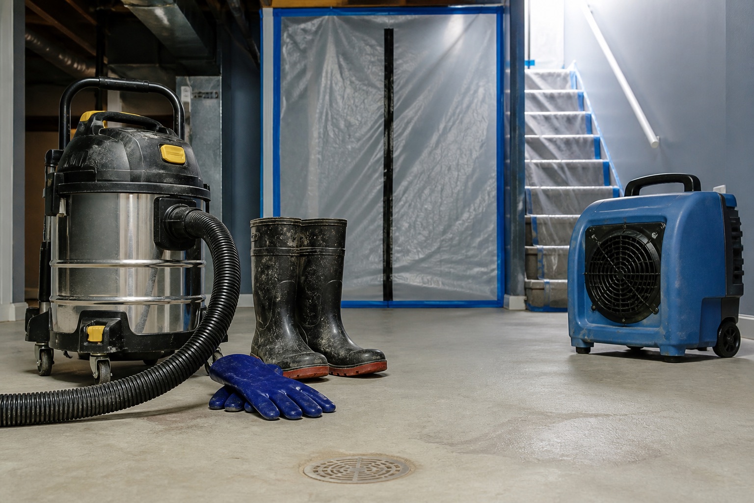 Wet vacuum, waterproof boots, gloves, dehumidifier, and containment at a basement floor drain
