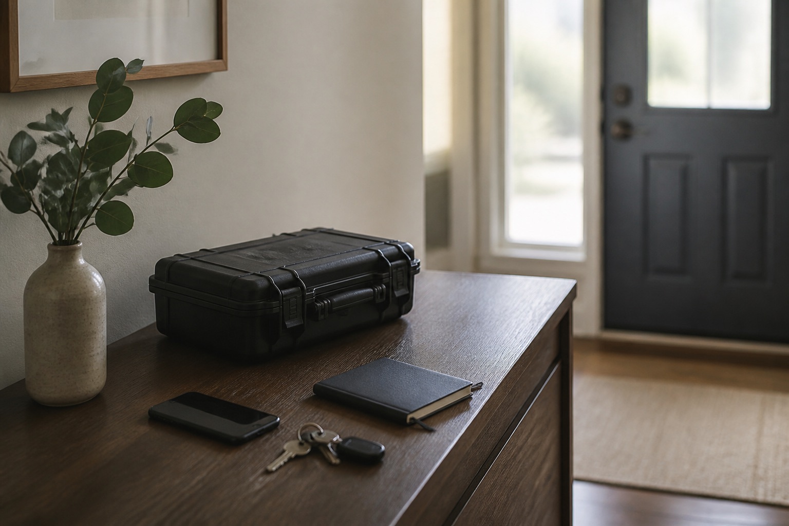 Unbranded phone, keys, closed notebook, and protective equipment case near a private home entrance