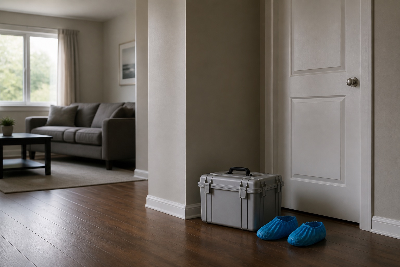 Sealed equipment case and protective shoe covers outside a closed room in a quiet home