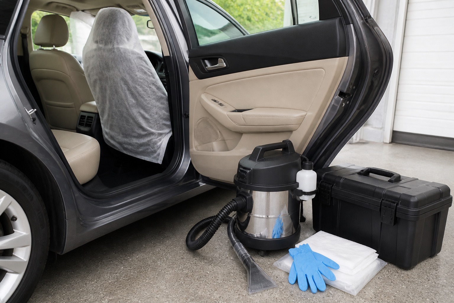 Open vehicle door with disposable seat covering, compact extractor, gloves, and sealed supply case