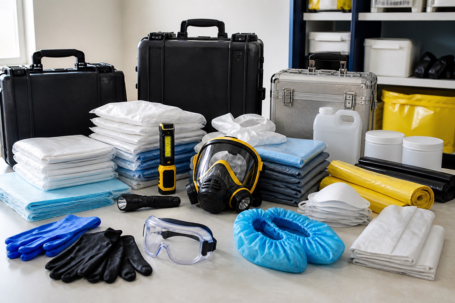 Respirator, protective eyewear, gloves, shoe covers, absorbent supplies, inspection lights, and sealed cases